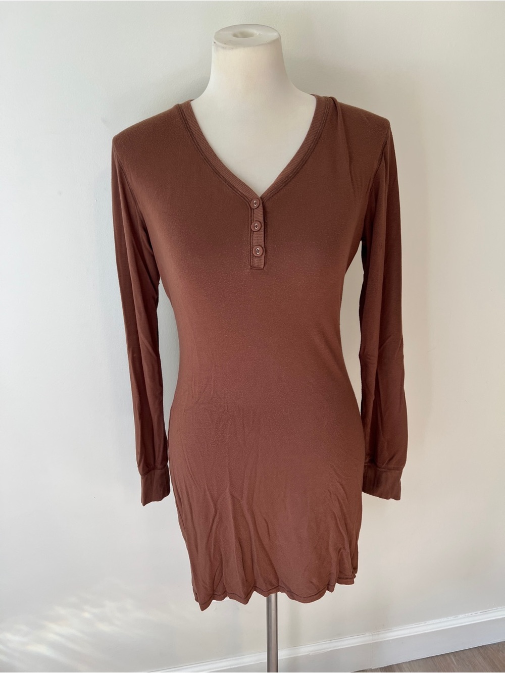 Skims Summer Sleep Henley Mini Dress Cocoa Brown Size Large Buttin front